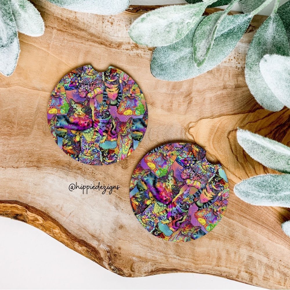 Toe Dye Cat Car Coaster Set |  Cat Coaster Set | Cat Car Accessories | Cat Mom